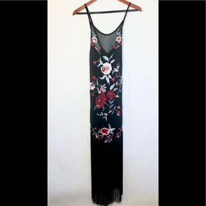Vintage Floral Embroidered Fringe Chiffon Dress